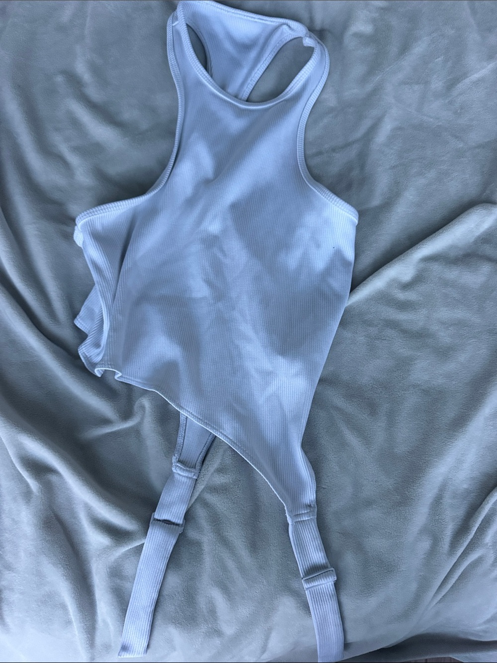 ALO Yoga Light Blue Ribbed Racerback Bodysuit with Adjustable Straps